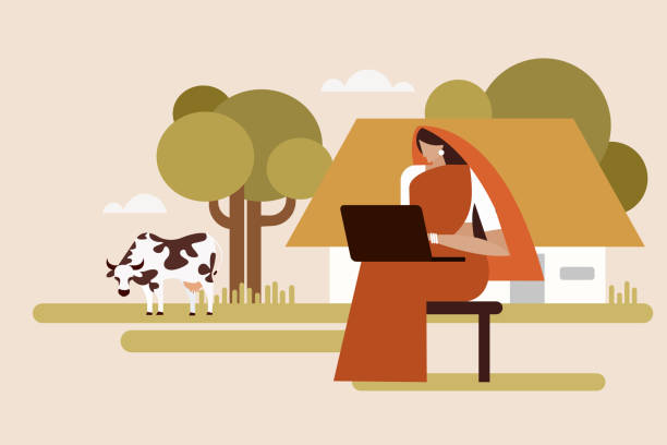 Illustration of an Indian rural woman with a laptop computer sitting infront of her farm house